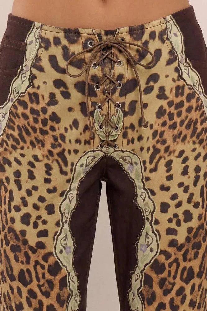 Leopard Mix Lace-Up Flare Pants