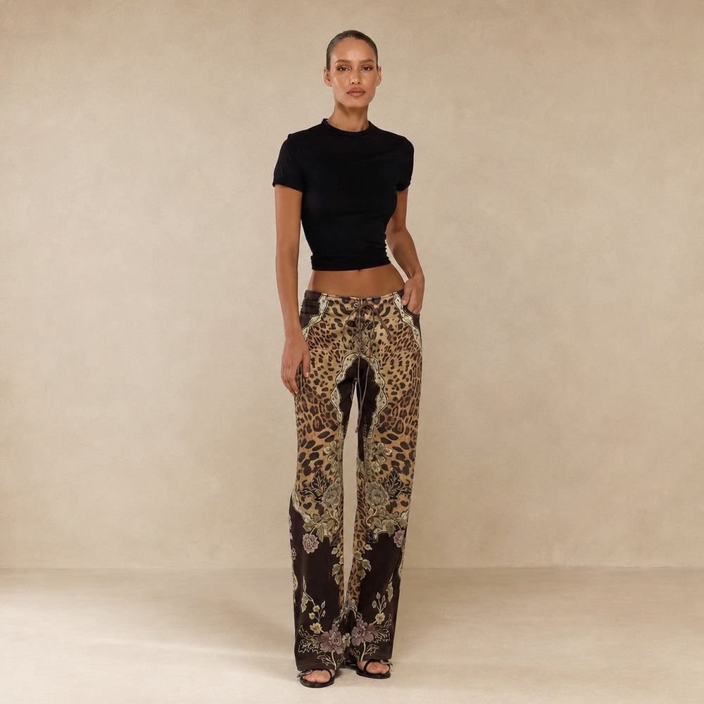 Leopard Mix Lace-Up Flare Pants
