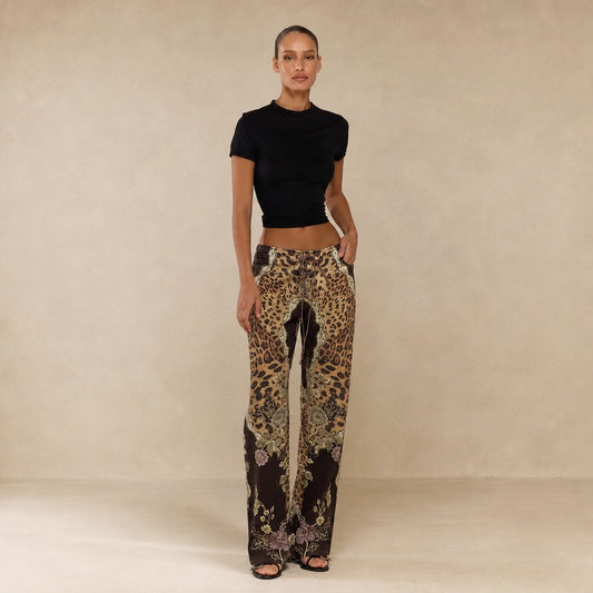 Leopard Mix Lace-Up Flare Pants