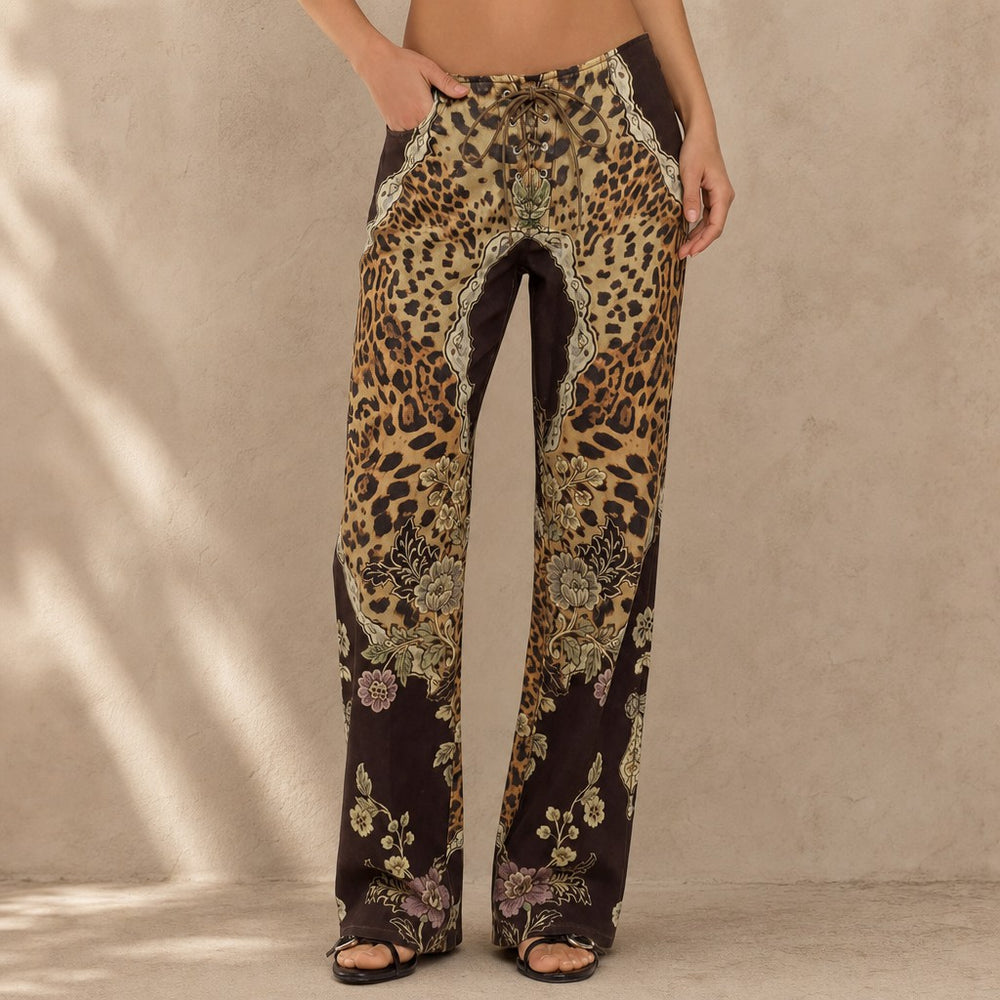 Leopard Mix Lace-Up Flare Pants